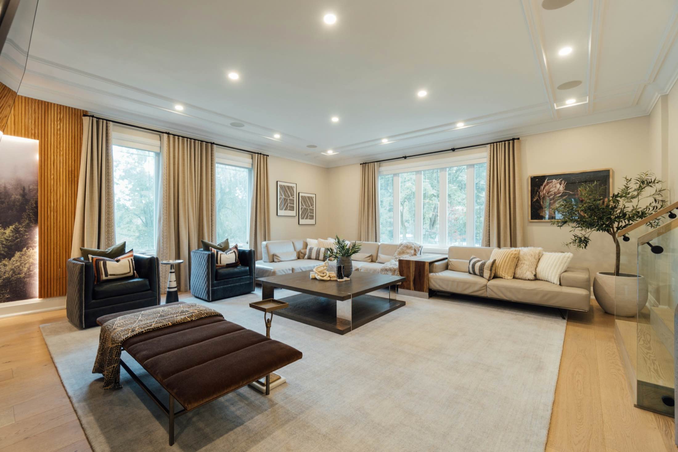 A living room with clean ceilings and no visible heating or cooling equipment
