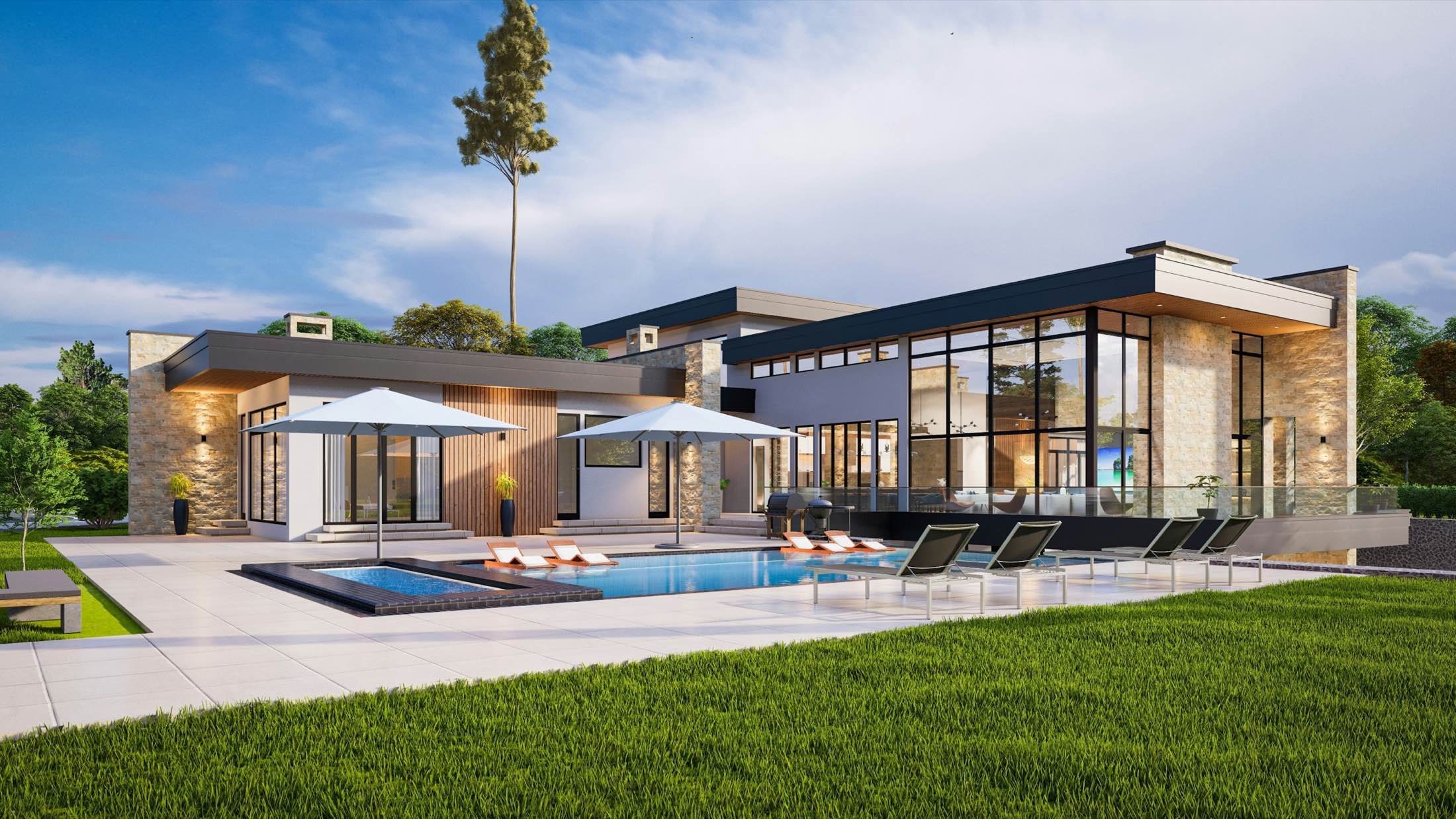 A low modern home with floor-to-ceiling glass beside a pool and lawn