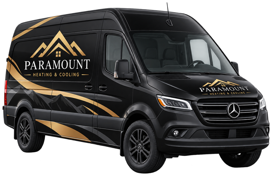 Concept render of a black Paramount Heating & Cooling service van with bronze mountain-peak livery